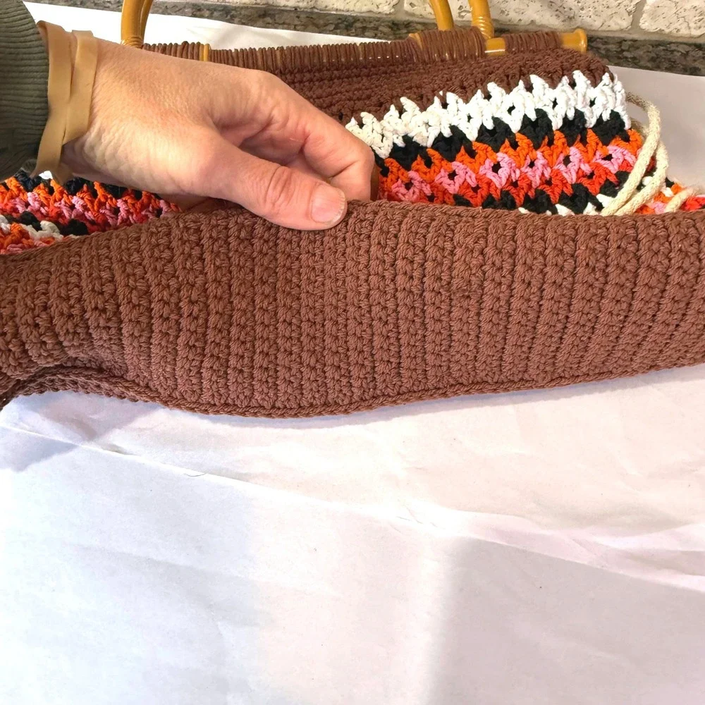 Vintage Handmade‎ Crochet Handbag Boho Hippie Purse Plastic Handles Retro